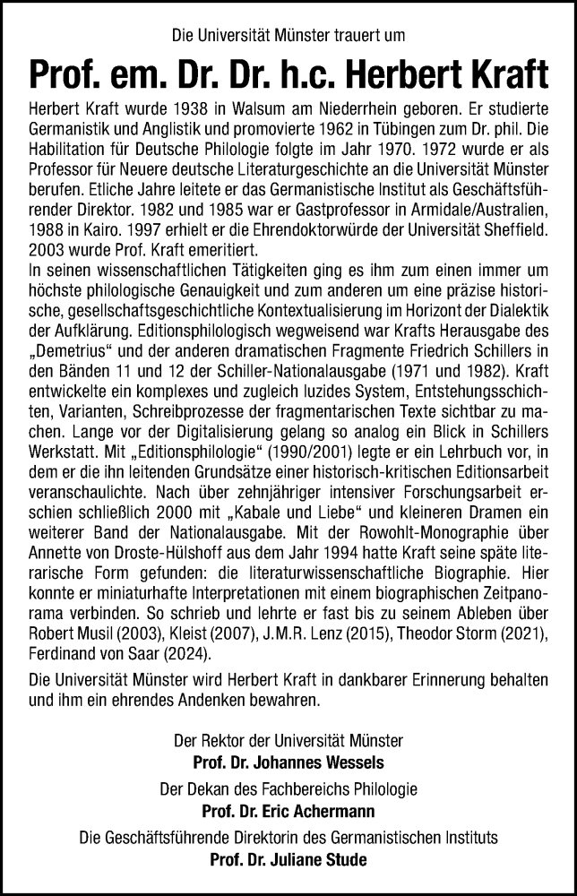  Traueranzeige für Prof. em. Dr. Dr. h.c. Herbert Kraft vom 10.05.2025 aus 