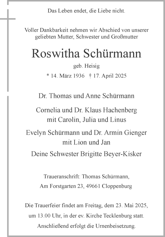  Traueranzeige für Roswitha Schürmann vom 03.05.2025 aus 