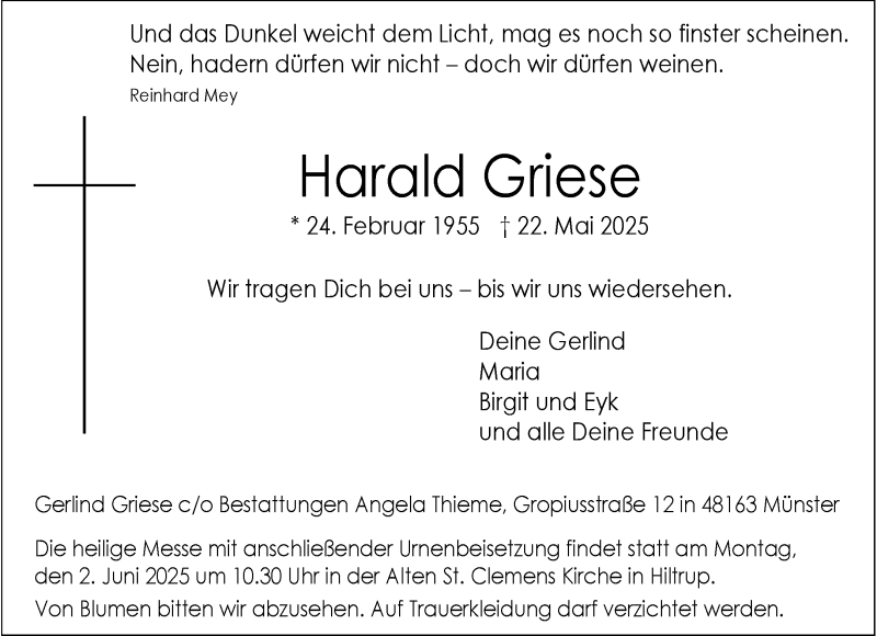  Traueranzeige für Harald Griese vom 28.05.2025 aus 