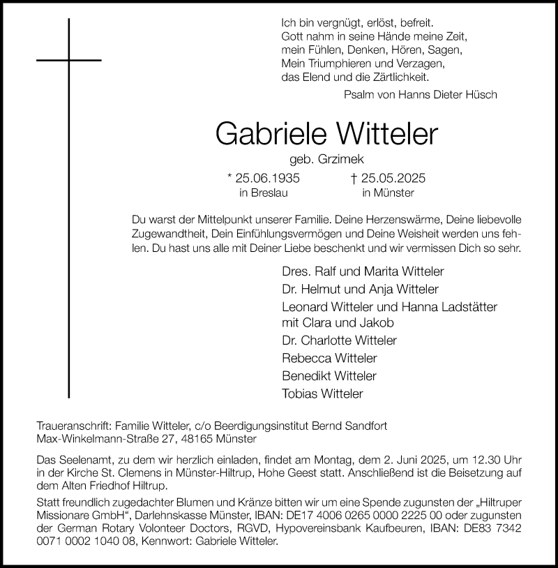  Traueranzeige für Gabriele Witteler vom 28.05.2025 aus 