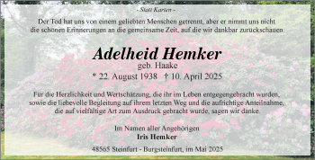 Anzeige von Adelheid Hemker 