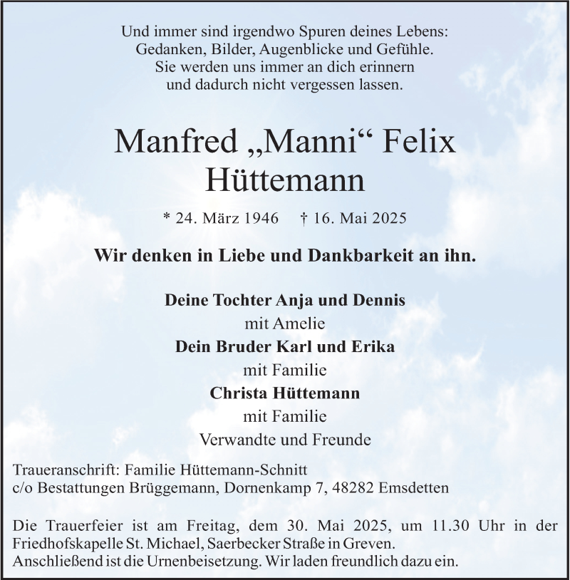  Traueranzeige für Manfred Felix Hüttemann vom 24.05.2025 aus 