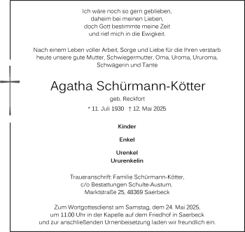 Anzeige von Agatha Schürmann-Kötter 