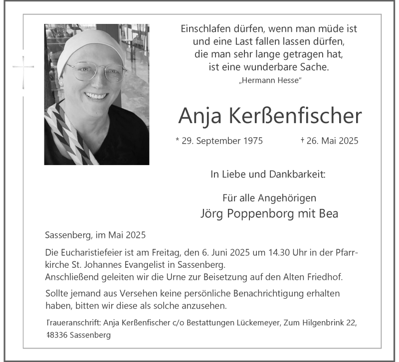  Traueranzeige für Anja Kerenfischer vom 31.05.2025 aus 