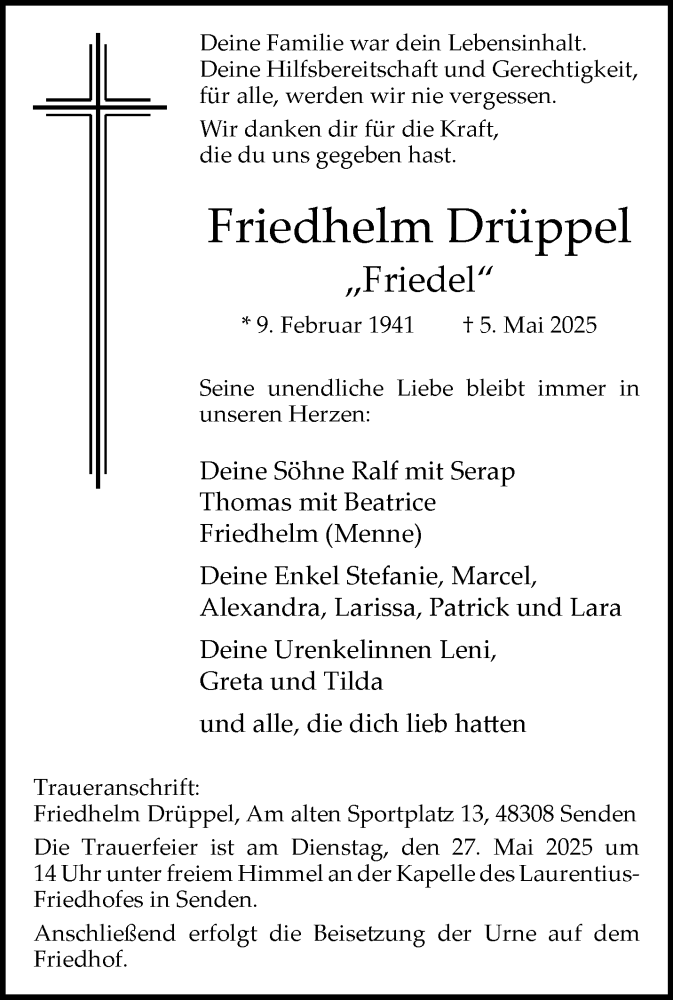  Traueranzeige für Friedhelm Drüppel vom 17.05.2025 aus 