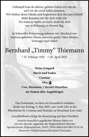 Anzeige von Bernhard Thiemann 