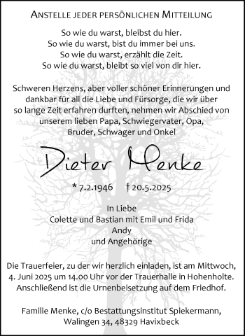 Anzeige von Dieter Menke 