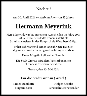 Anzeige von Hermann Meyerink 