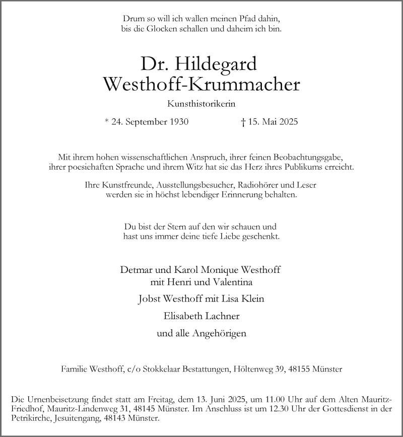  Traueranzeige für Hildegard Westhoff-Krummacher vom 31.05.2025 aus 