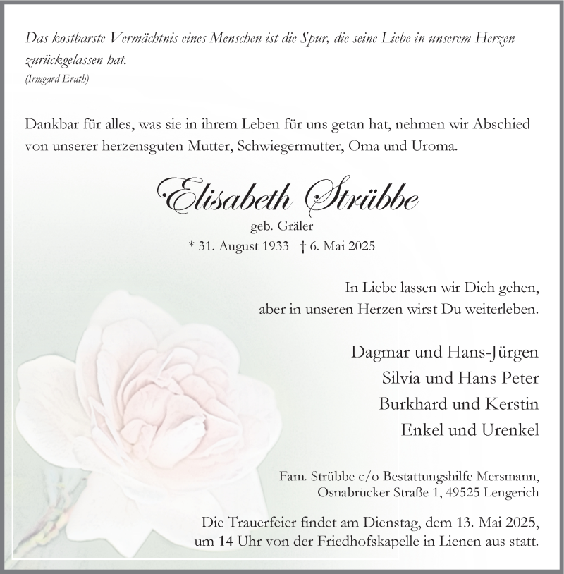  Traueranzeige für Elisabeth Strübbe vom 10.05.2025 aus 