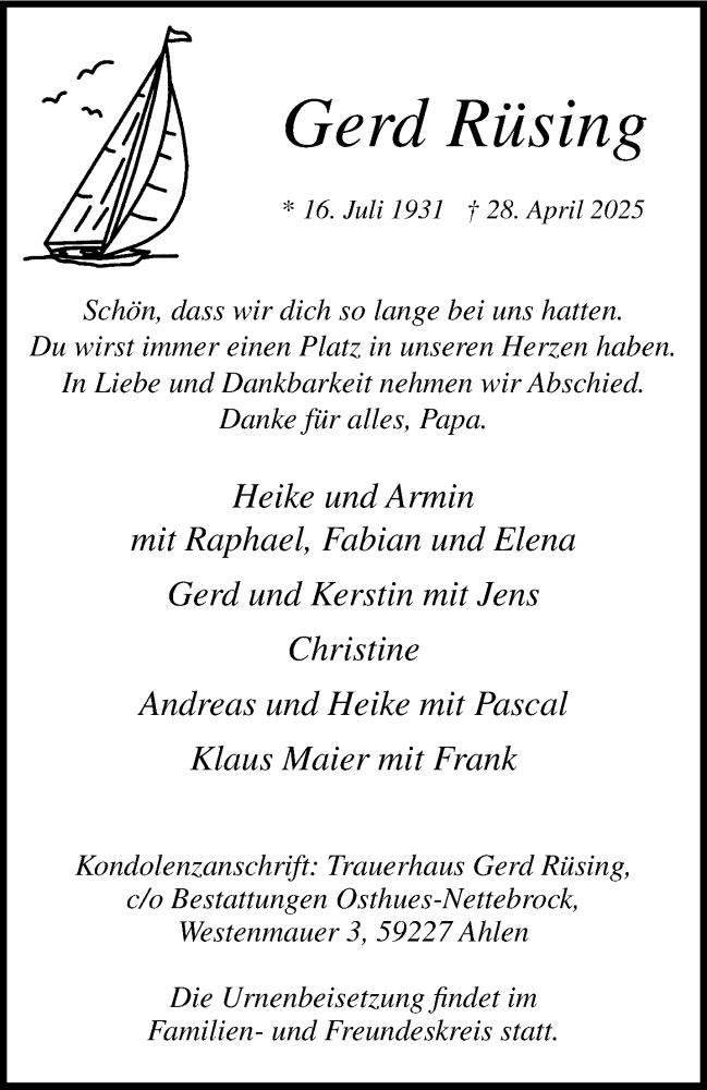  Traueranzeige für Gerd Rüsing vom 10.05.2025 aus 