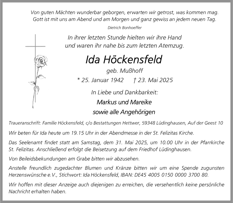  Traueranzeige für Ida Höckensfeld vom 27.05.2025 aus 