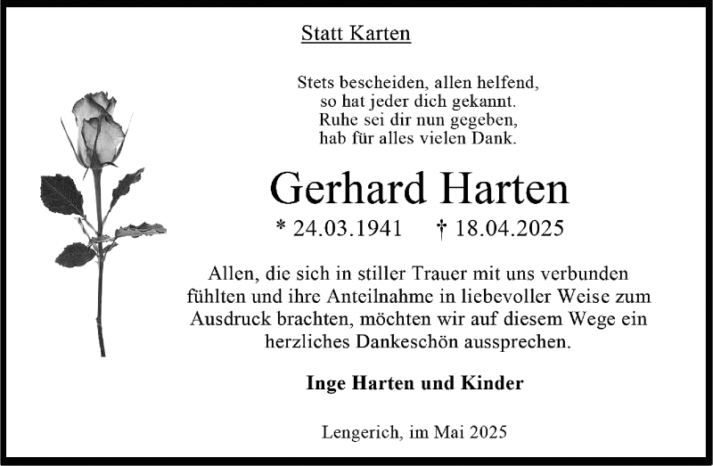  Traueranzeige für Gerhard Harten vom 24.05.2025 aus 