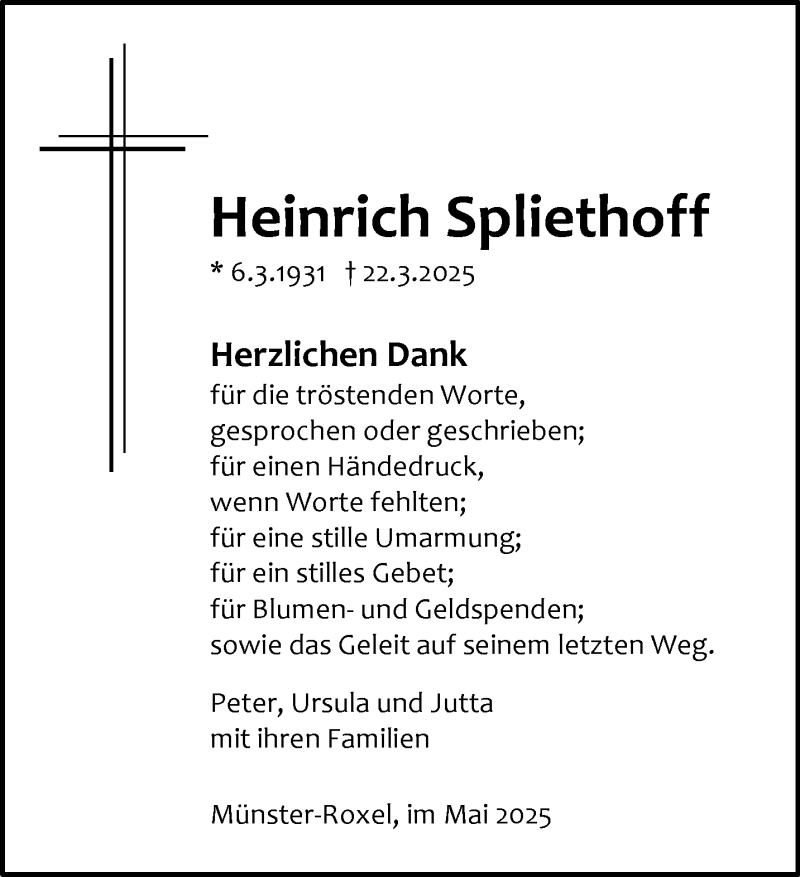  Traueranzeige für Heinrich Spliethoff vom 10.05.2025 aus 
