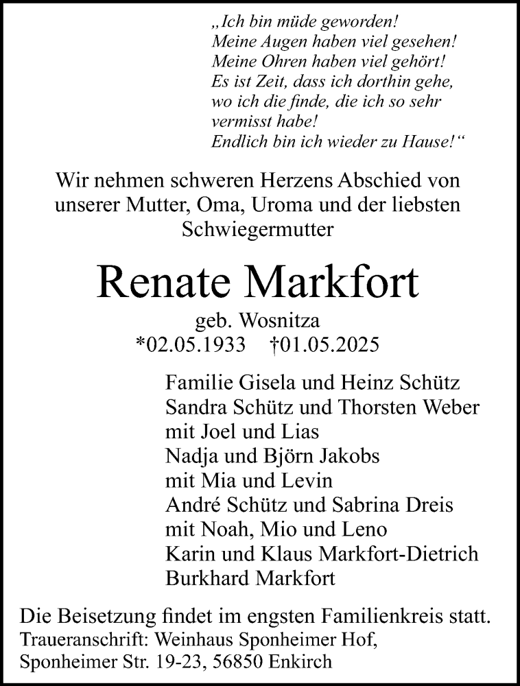  Traueranzeige für Renate Markfort vom 10.05.2025 aus 