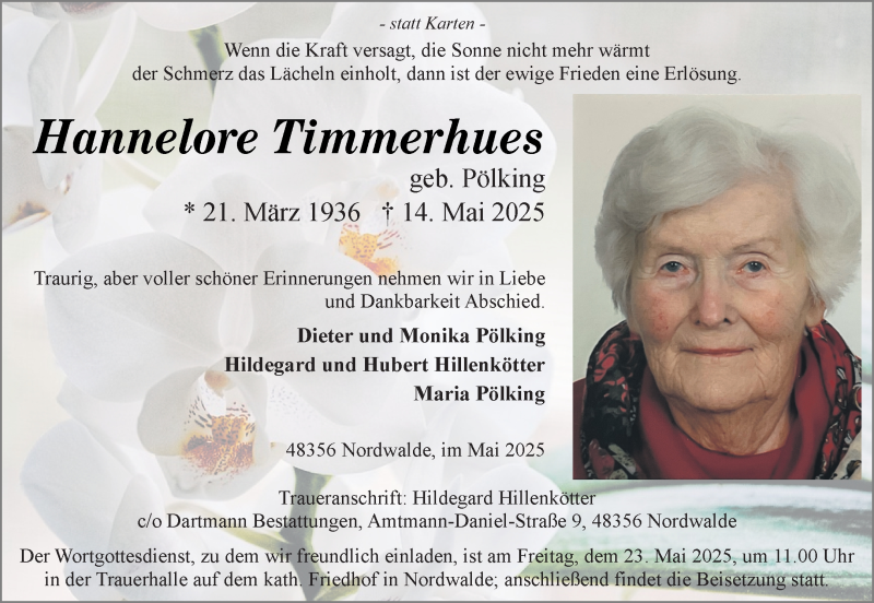  Traueranzeige für Hannelore Timmerhues vom 17.05.2025 aus 