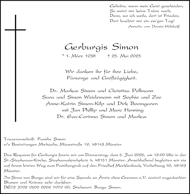  Traueranzeige für Gerburgis Simon vom 31.05.2025 aus 