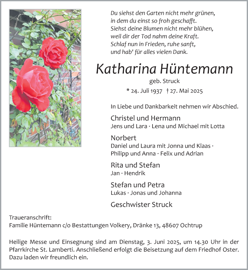  Traueranzeige für Katharina Hüntemann vom 30.05.2025 aus 