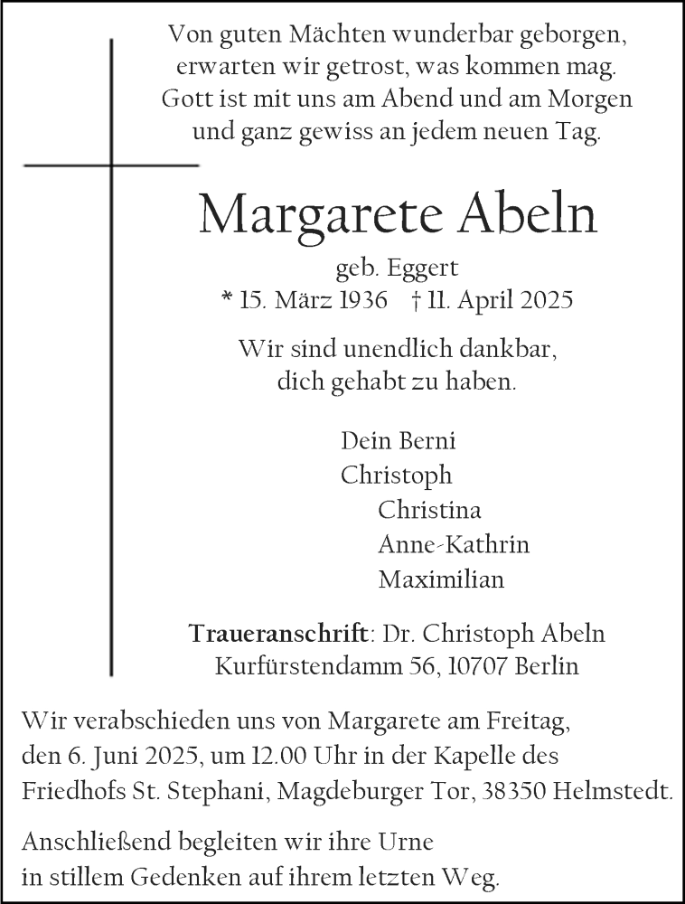  Traueranzeige für Margarete Abeln vom 17.05.2025 aus 