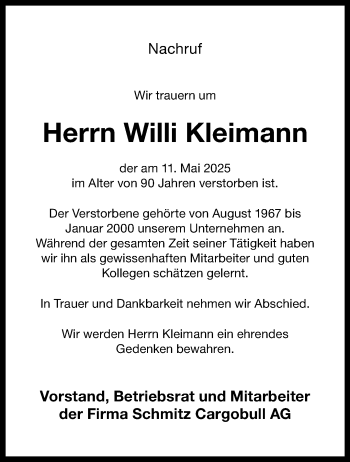 Anzeige von Willi Kleimann 