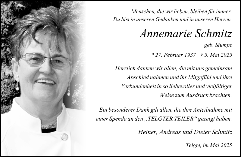  Traueranzeige für Annemarie Schmitz vom 31.05.2025 aus 