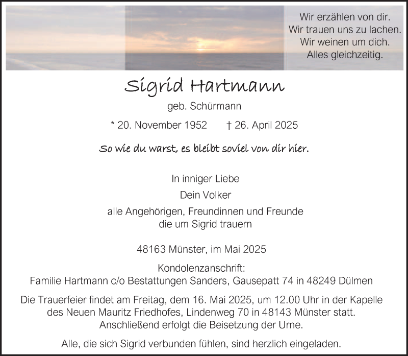  Traueranzeige für Sigrid Hartmann vom 10.05.2025 aus 