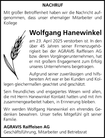 Anzeige von Wolfgang Hanewinkel 