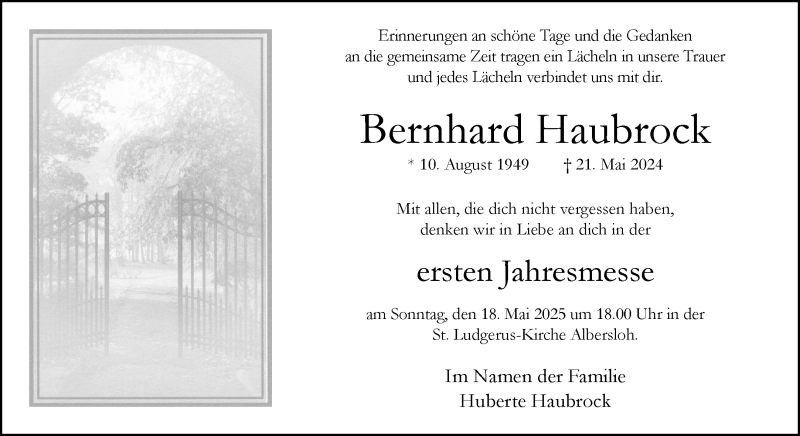  Traueranzeige für Bernhard Haubrock vom 10.05.2025 aus 