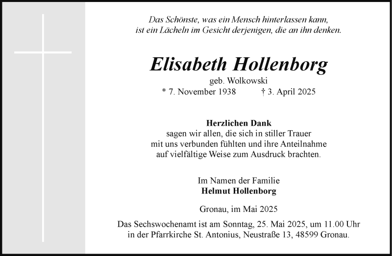  Traueranzeige für Elisabeth Hollenborg vom 17.05.2025 aus 