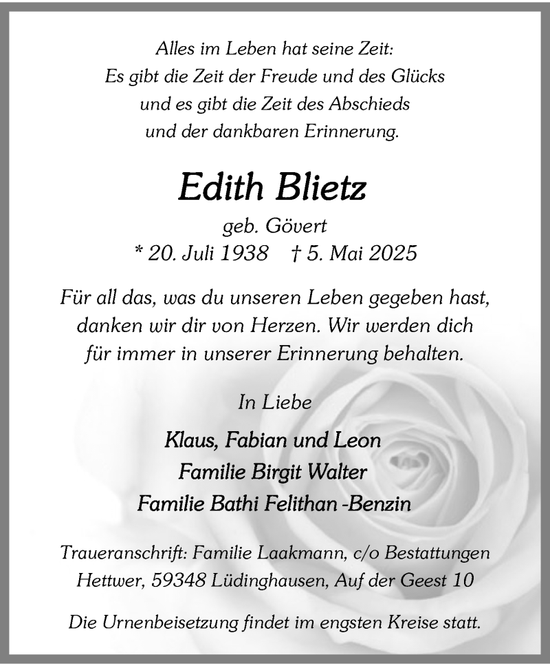  Traueranzeige für Edith Blietz vom 14.05.2025 aus 