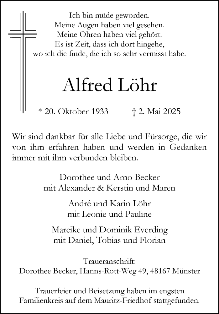  Traueranzeige für Alfred Löhr vom 17.05.2025 aus 