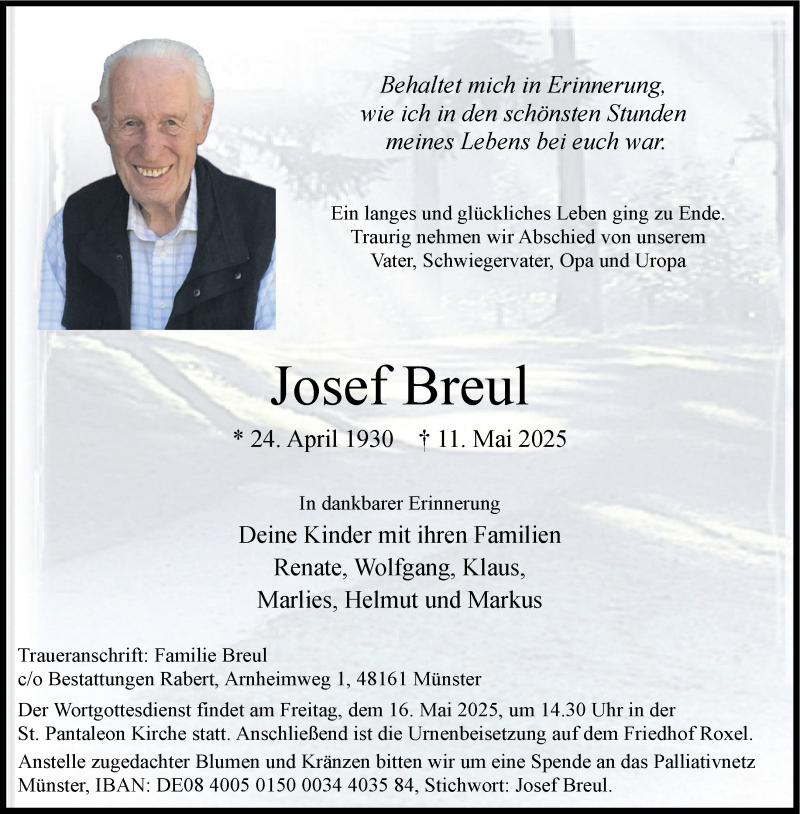  Traueranzeige für Josef Breul vom 14.05.2025 aus 