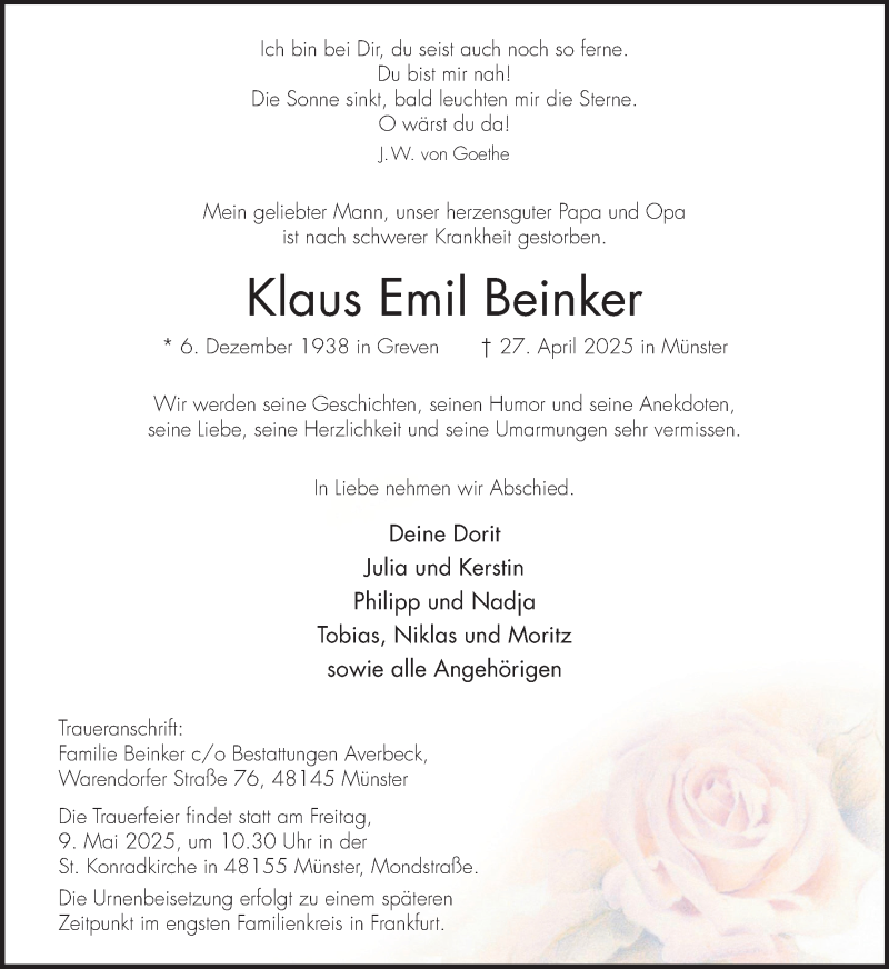  Traueranzeige für Klaus Emil Beinker vom 03.05.2025 aus 