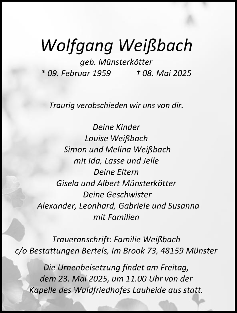  Traueranzeige für Wolfgang Weißbach vom 17.05.2025 aus 
