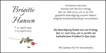 Anzeige von Brigitte Hansen 