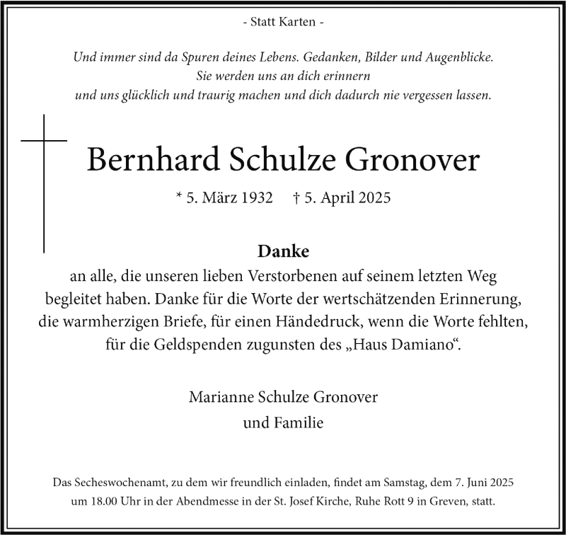  Traueranzeige für Bernhard Schulze Gronover vom 31.05.2025 aus 