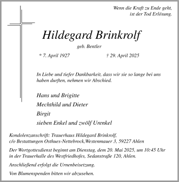 Anzeige von Hildegard Brinkrolf 
