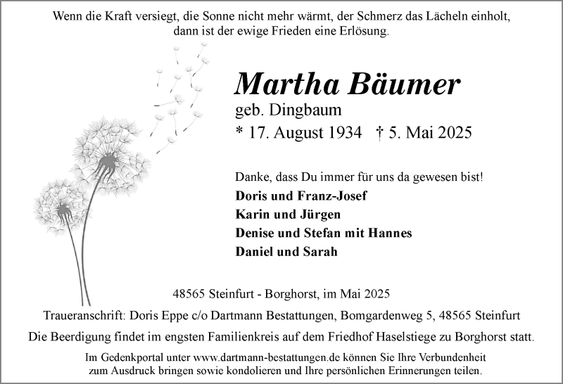  Traueranzeige für Martha Martha Bäumer (geb. Dingbaum) vom 10.05.2025 aus 