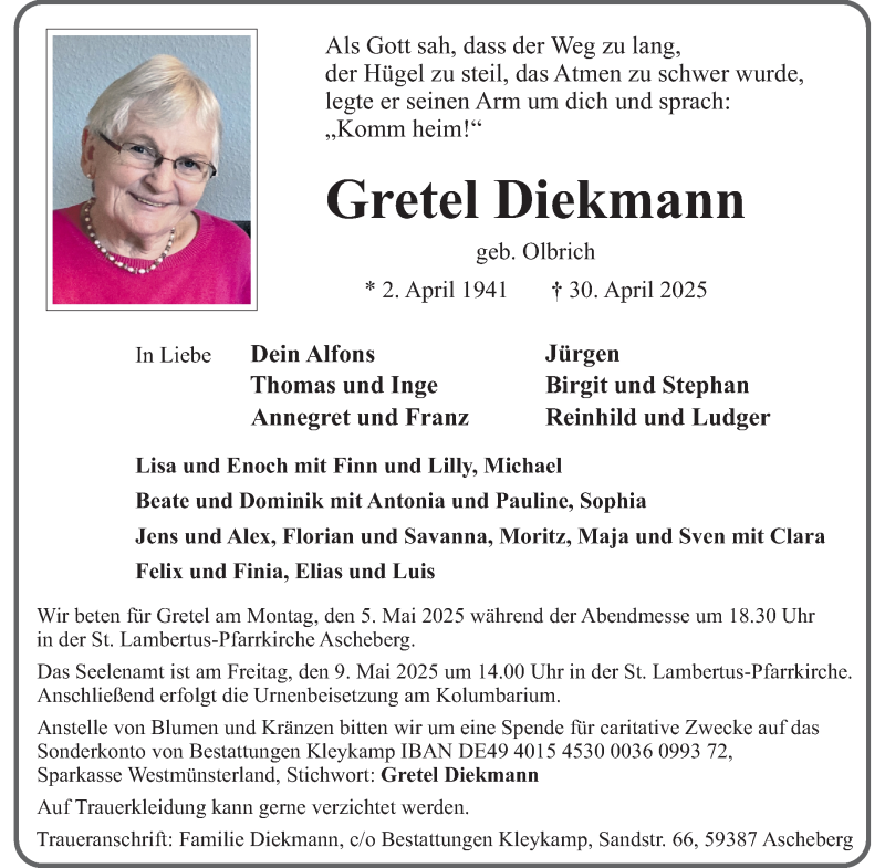  Traueranzeige für Gretel Diekmann vom 03.05.2025 aus 