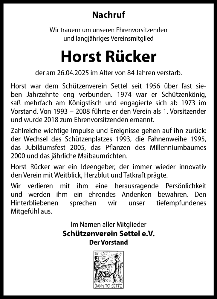  Traueranzeige für Horst Rücker vom 06.05.2025 aus 