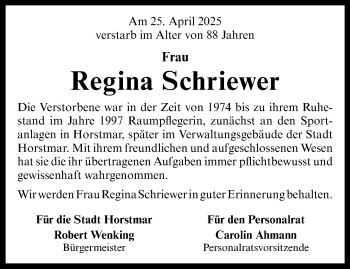 Anzeige von Regina Schriewer 