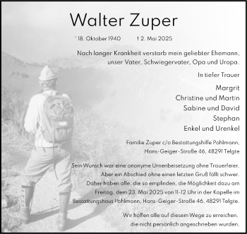 Anzeige von Walter Zuper 