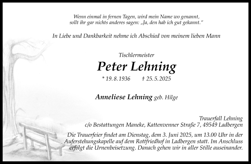  Traueranzeige für Peter Lehning vom 31.05.2025 aus 