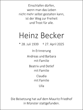 Anzeige von Heinz Becker 