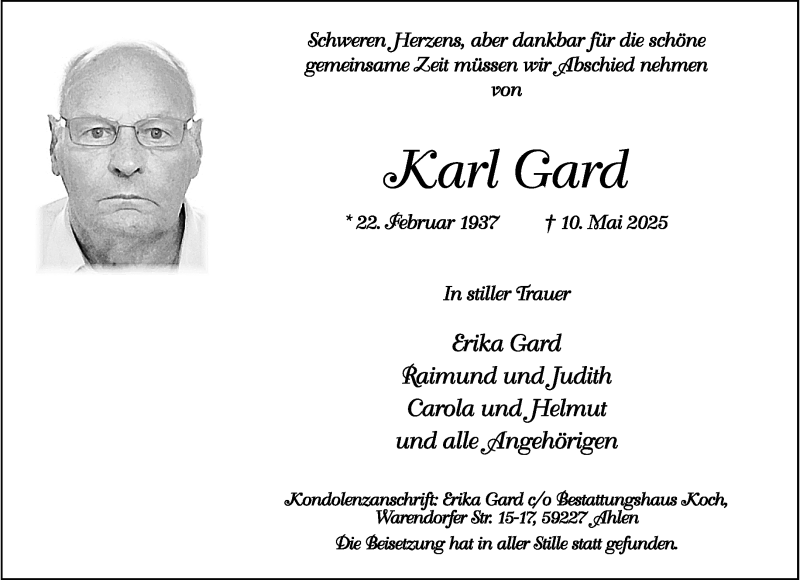  Traueranzeige für Karl Gard vom 24.05.2025 aus 