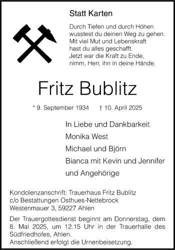 Anzeige von Fritz Bublitz 
