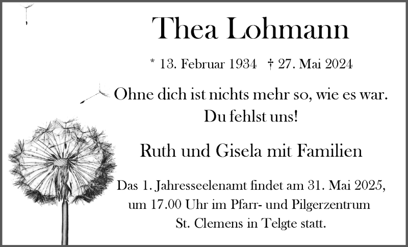  Traueranzeige für Thea Lohmann vom 24.05.2025 aus 