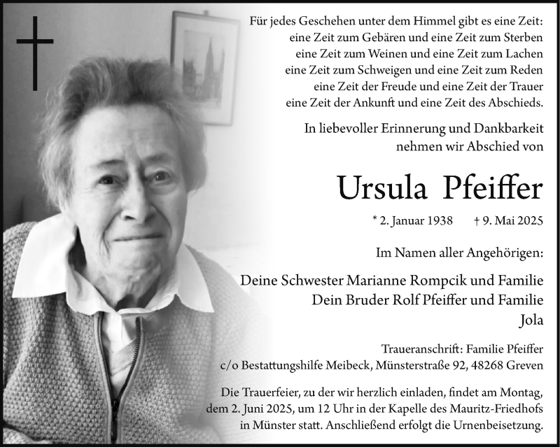  Traueranzeige für Ursula Pfeiffer vom 24.05.2025 aus 