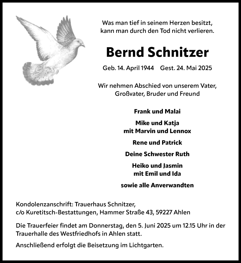  Traueranzeige für Bernd Schnitzer vom 31.05.2025 aus 