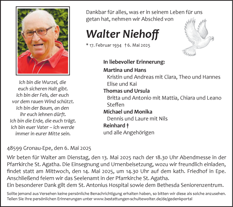  Traueranzeige für Walter Niehoff vom 10.05.2025 aus 